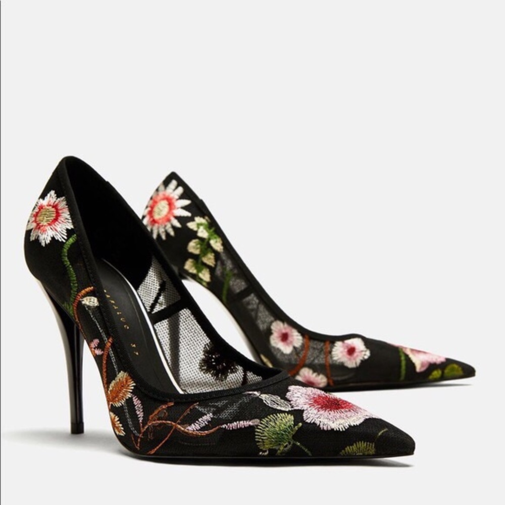 Zara black floral embroidered heels sz 6.5 nwt
